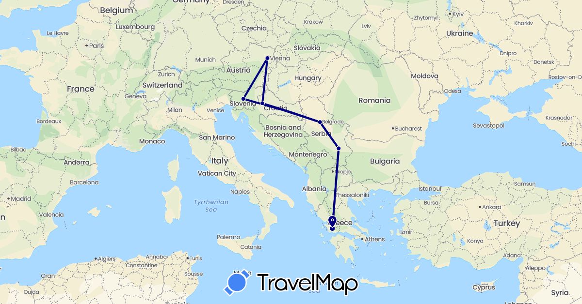 TravelMap itinerary: driving in Austria, Greece, Croatia, Serbia, Slovenia (Europe)
